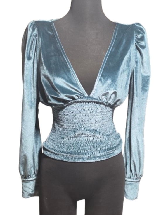LPA Tops - LPA Blue Velvet Smocked Top XS Puff Sleeve Pearl Button Cuffs Deep V Blouse